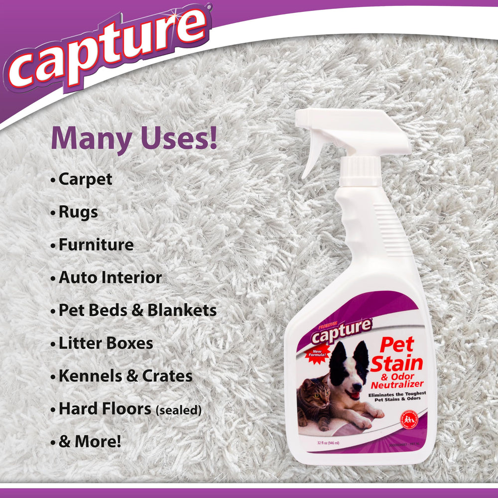 Capture Pet Stain & Odor Remover carpet-cleaner concentrates on stubborn stains like urine and drool.