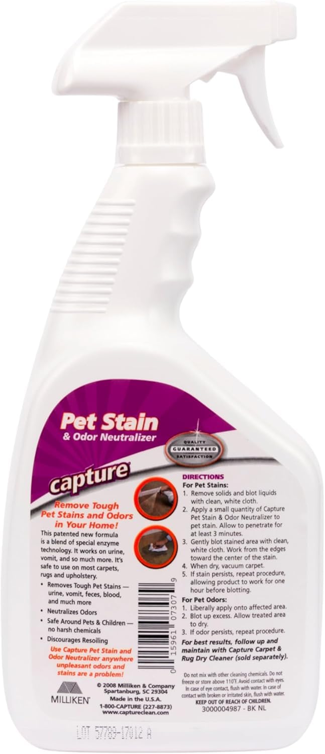 Capture Pet Stain & Odor Remover upholstery-solution removes odors on couches and blankets.