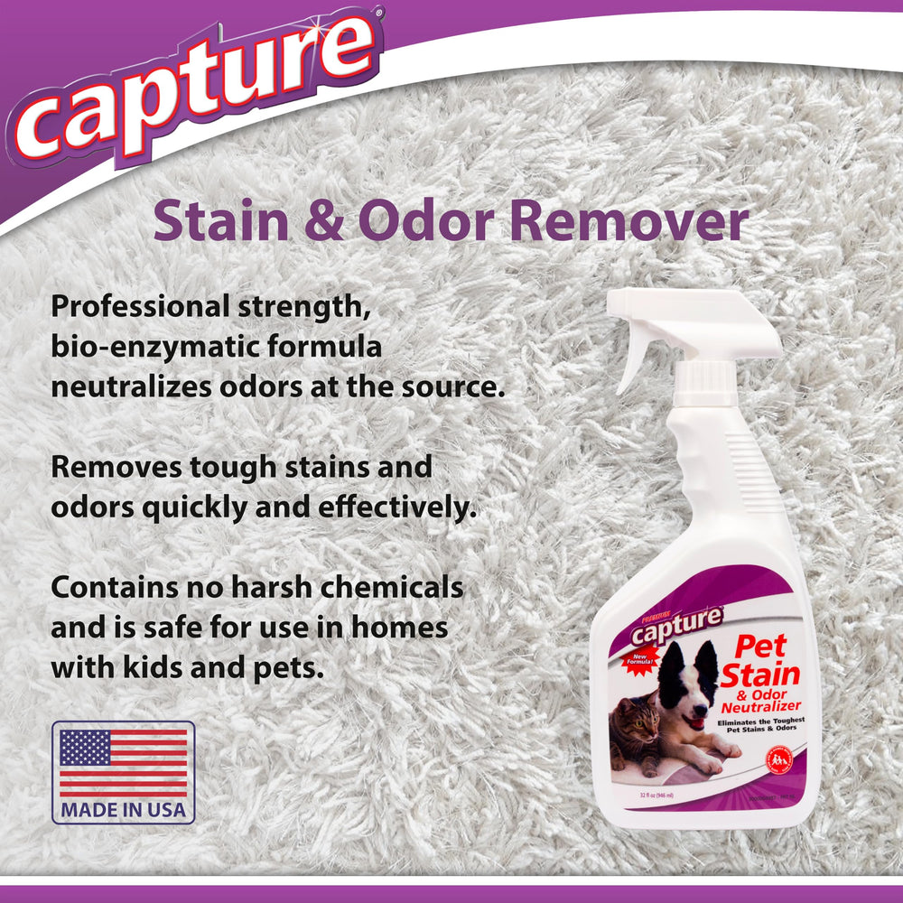 Capture Pet Stain & Odor Remover wood-furniture-cleaner spot-cleans wood and upholstery safely.