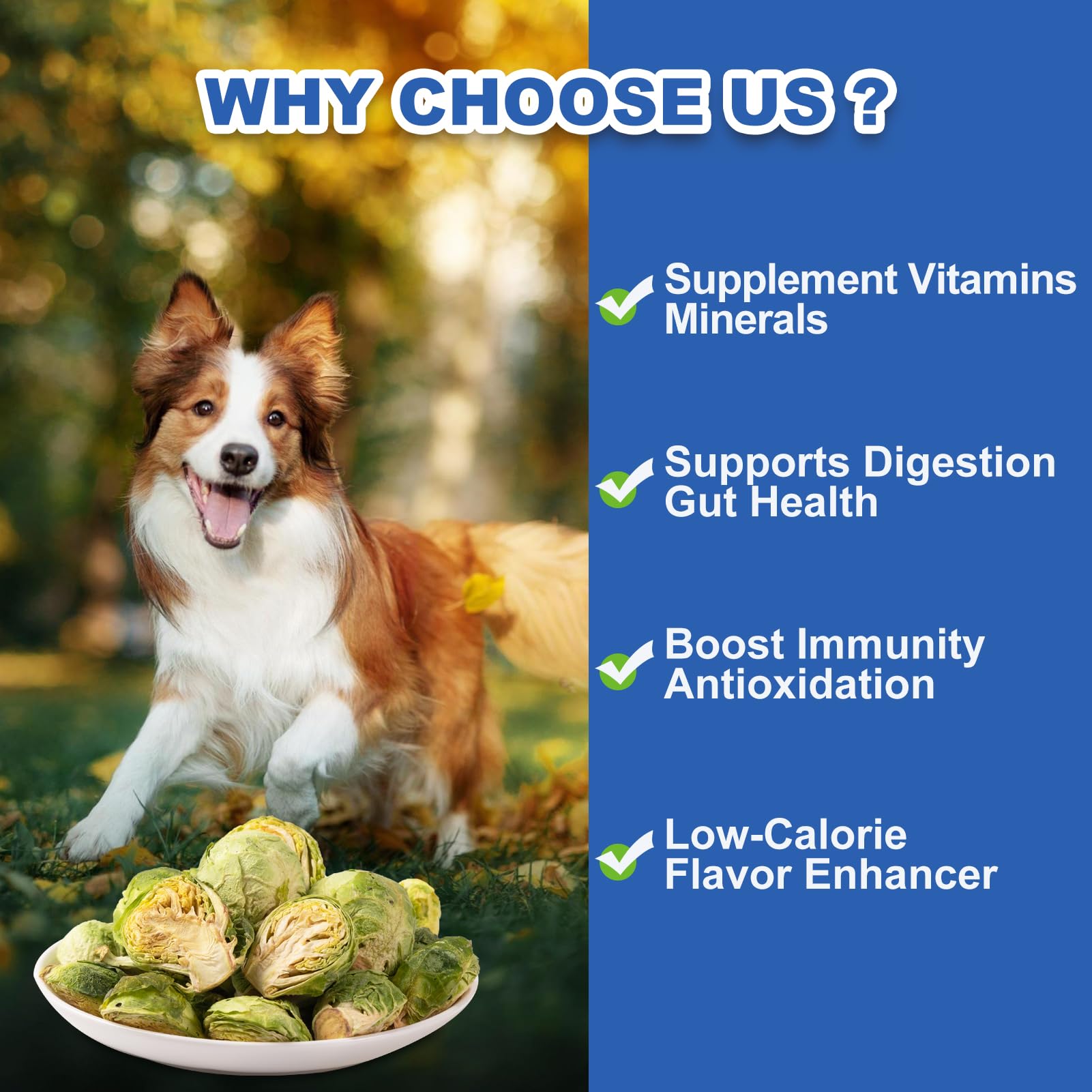 Capuca freeze-dried Brussels sprouts sprinkled on pet food for extra fiber.