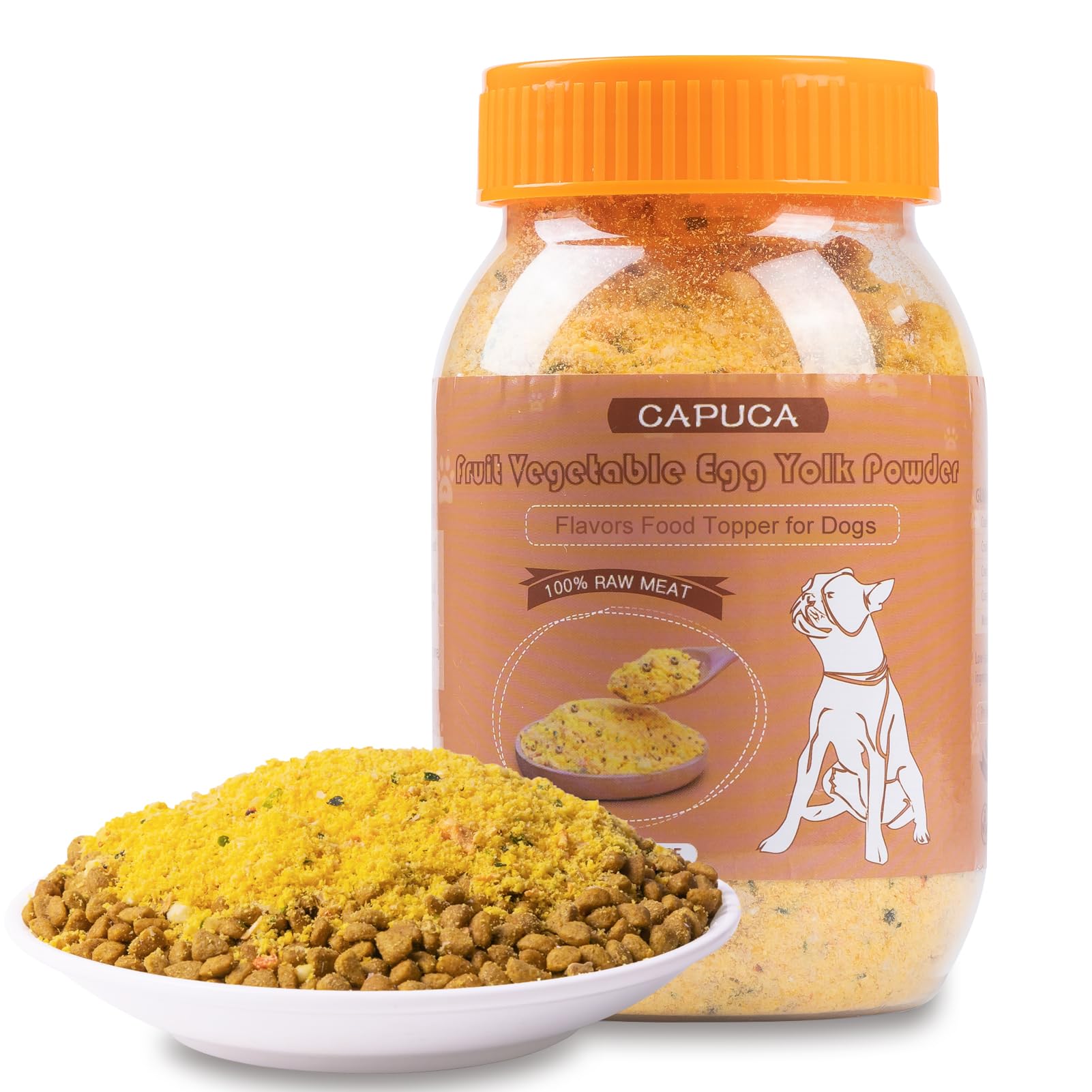 Capuca freeze-dried dog food topper jar—reseal-friendly for on-the-go meals.
