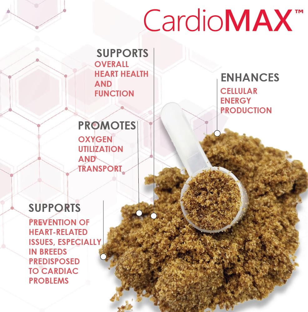 CARDIOMAX pork-liver flavor granules closeup highlights tasty daily heart support for dogs.