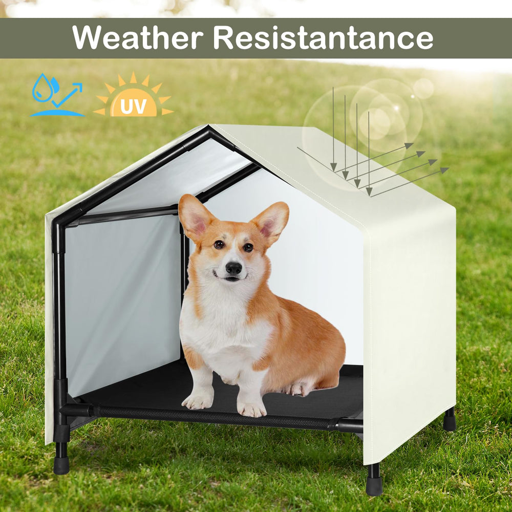 CAREDPETS elevated dog bed canopy close-up demonstrates breathable mesh and shade.