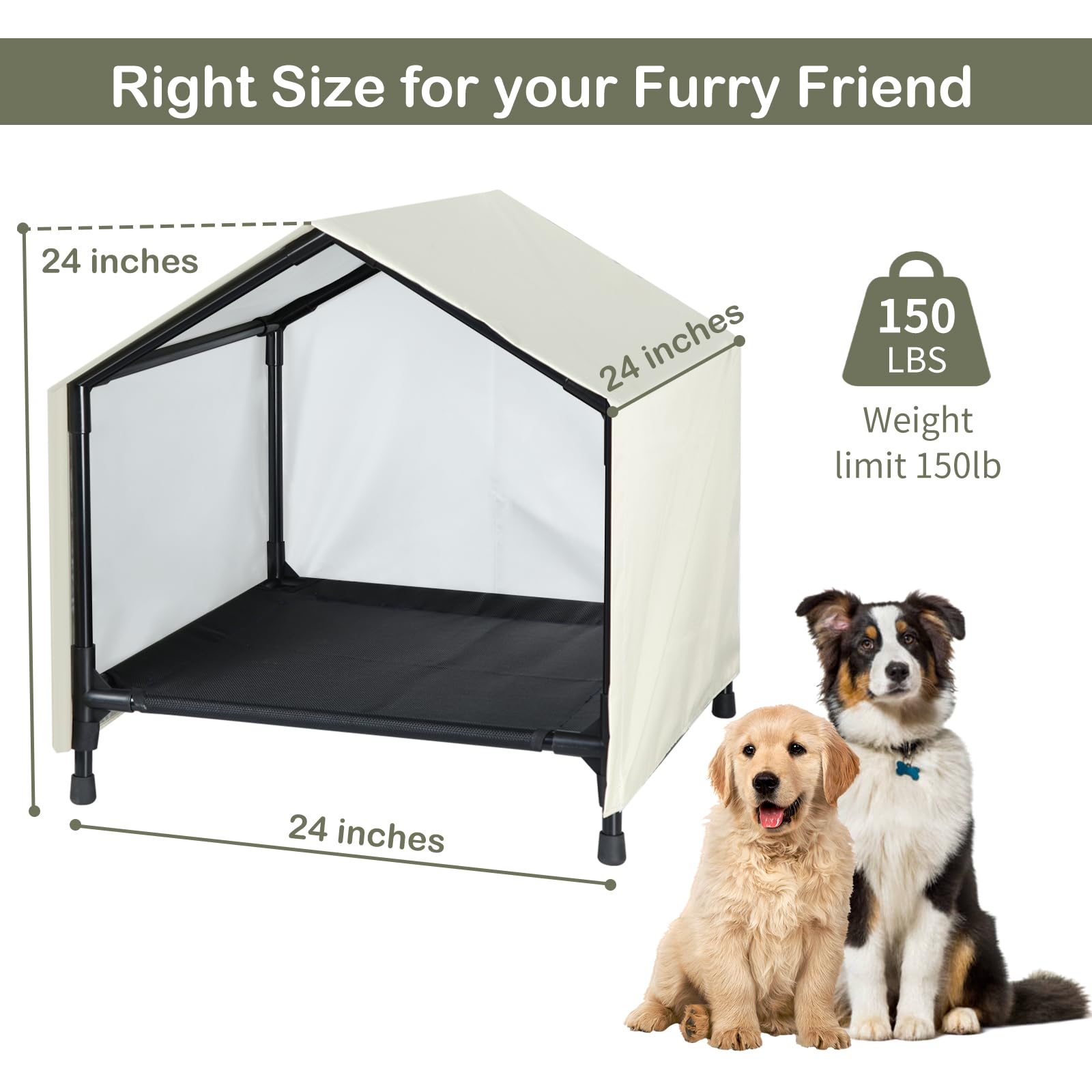 CAREDPETS elevated-pet-shelter-ventilated-mesh highlights airflow and temperature comfort.