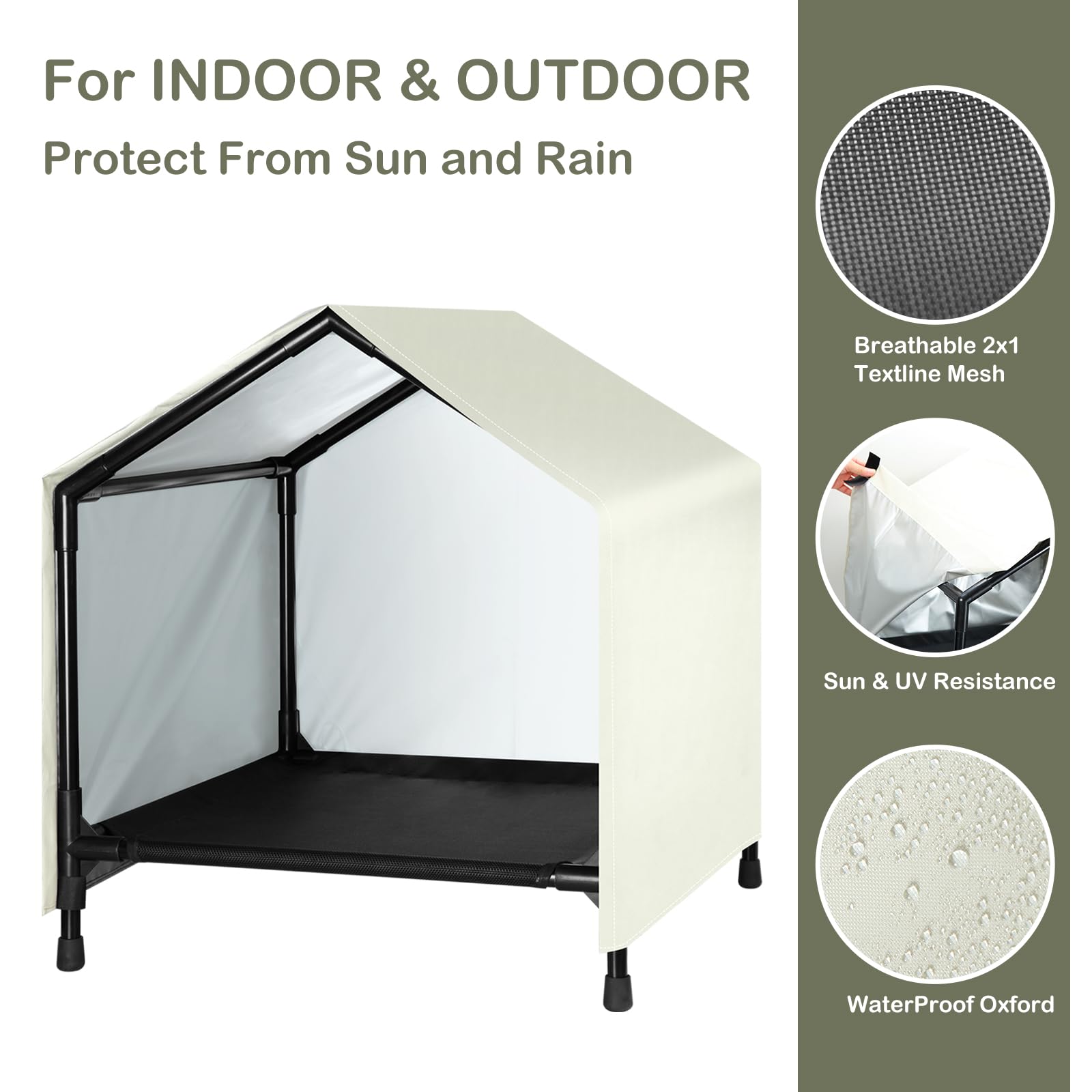 CAREDPETS waterproof-sunproof-canvas keeps pets protected from elements outdoors.