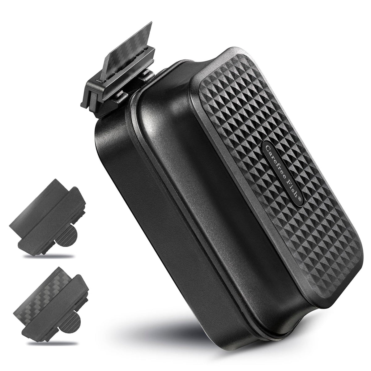 Carefree Fish magnetic cleaner floats beside glass tank for hands-free algae scrubbing.