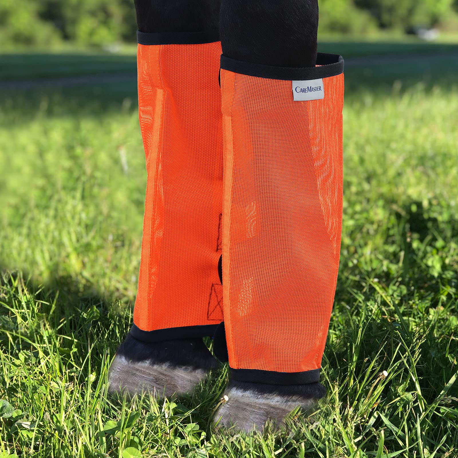 CareMaster orange fine-mesh fly boots front view protect front legs outdoors from flies.