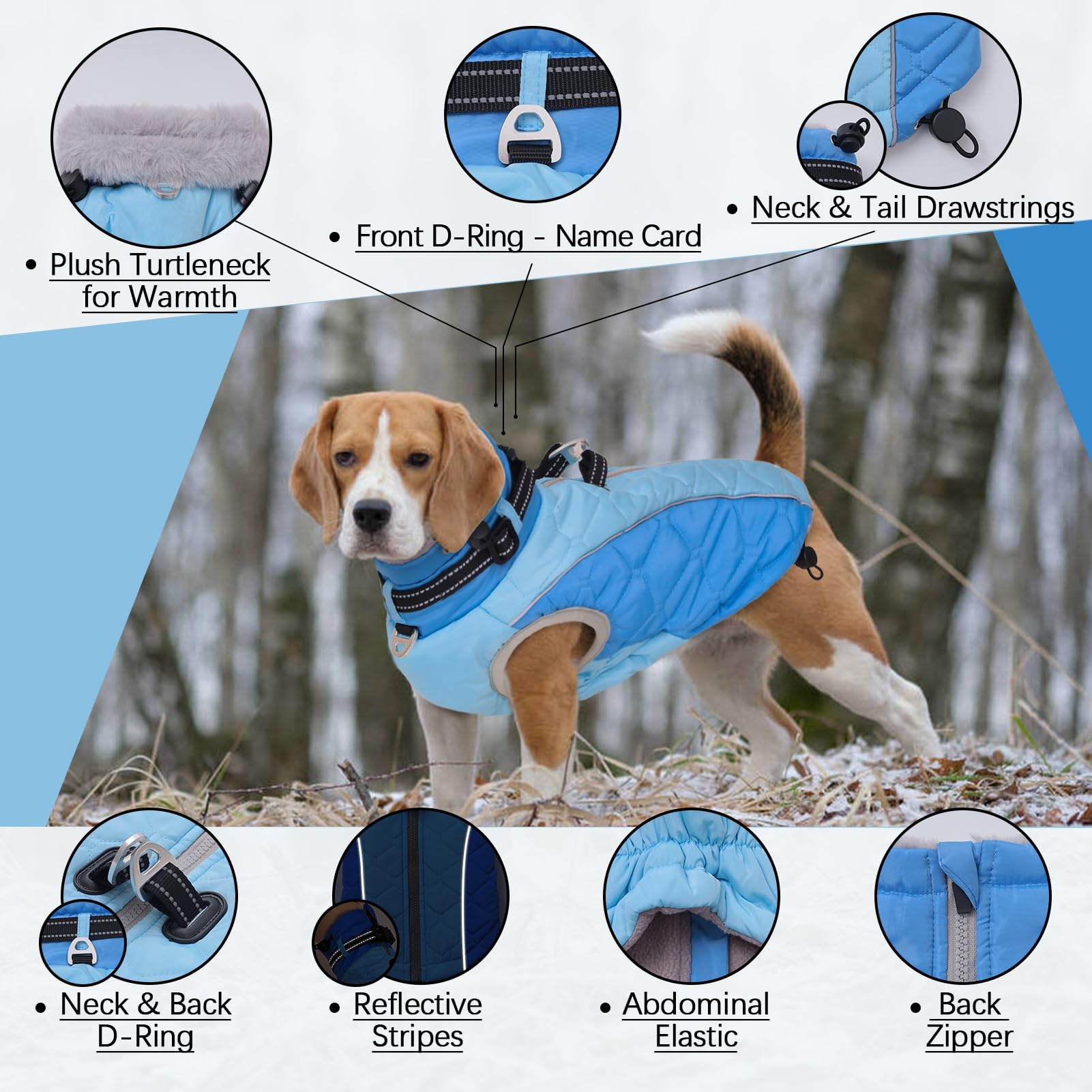 CAREUPET XL blue coat displays front D-ring for secure leash tagging.