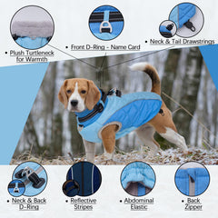 CAREUPET XL blue coat displays front D-ring for secure leash tagging.