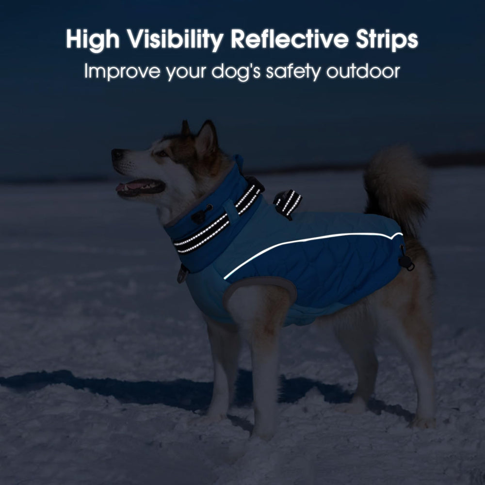 CAREUPET XL blue coat's plush turtleneck adds neck warmth.