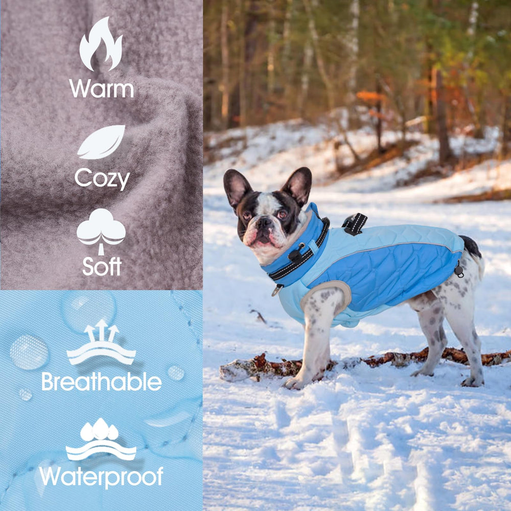 CAREUPET XL blue coat features zippered closure for easy on/off.