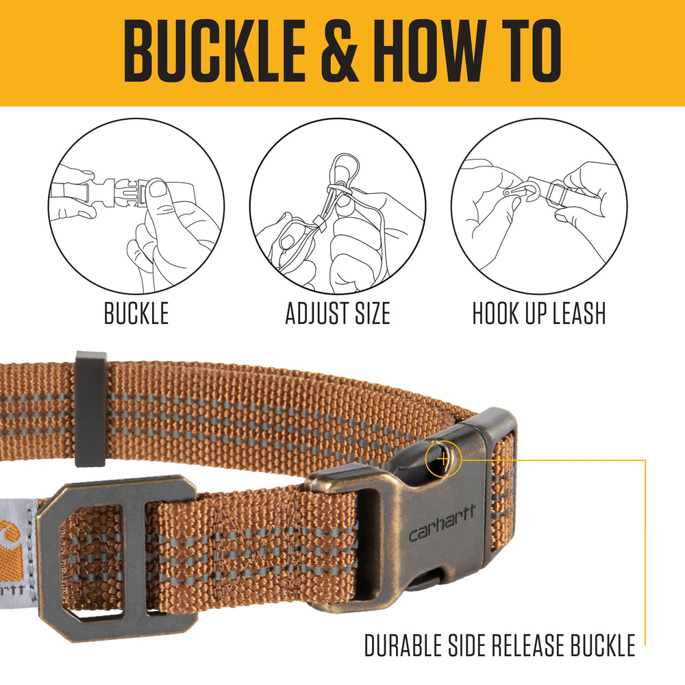 Carhartt dog collar showing rugged half-metal half-plastic buckle for durability.