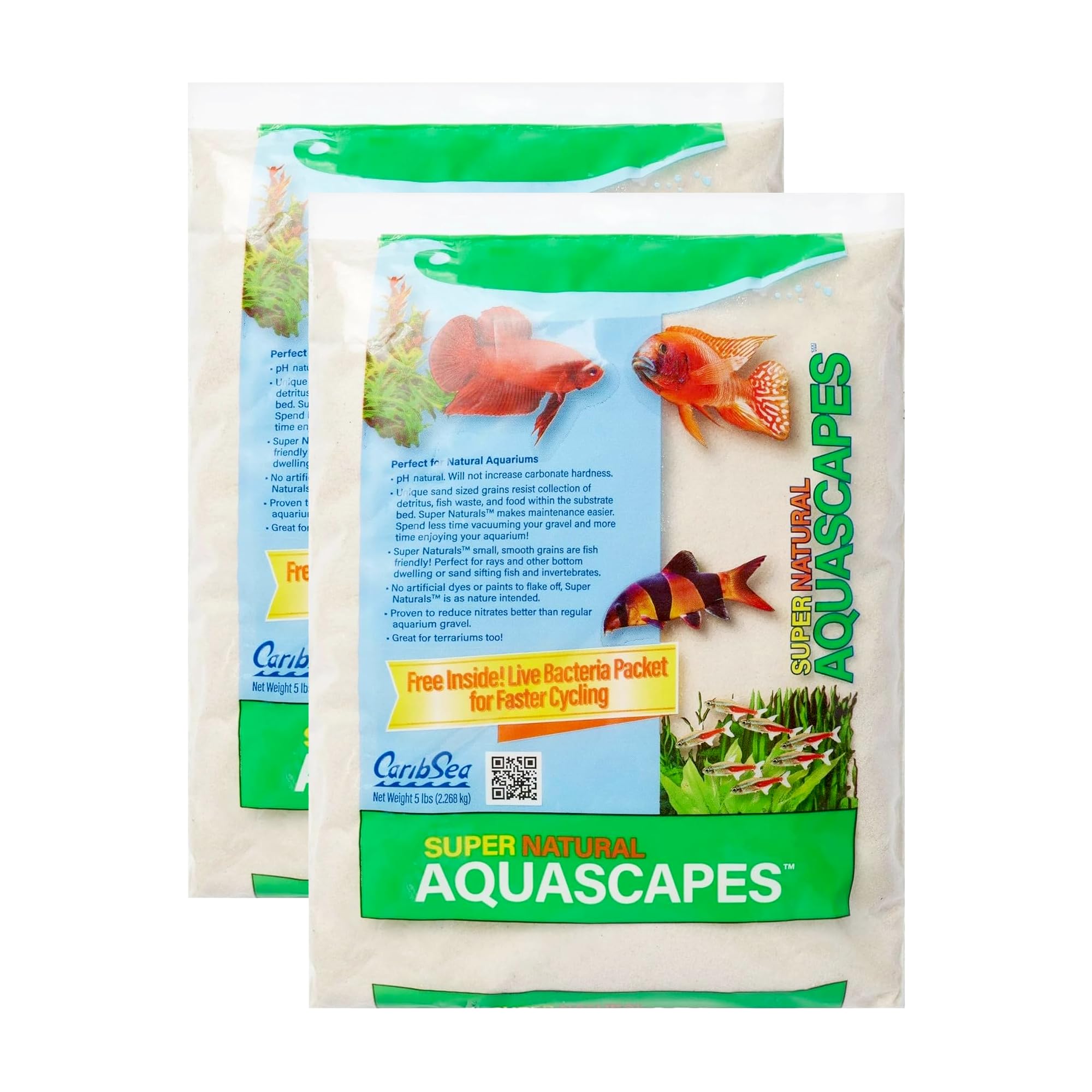 Carib Sea Super Natural Moonlight Sand pack-2 bags closeup highlights natural texture for realistic aquaria