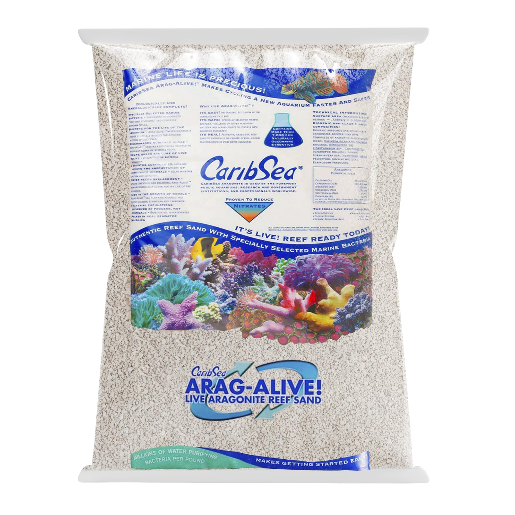 CaribSea Arag-Alive packaging image shows premium reef substrate for easy tank setup.