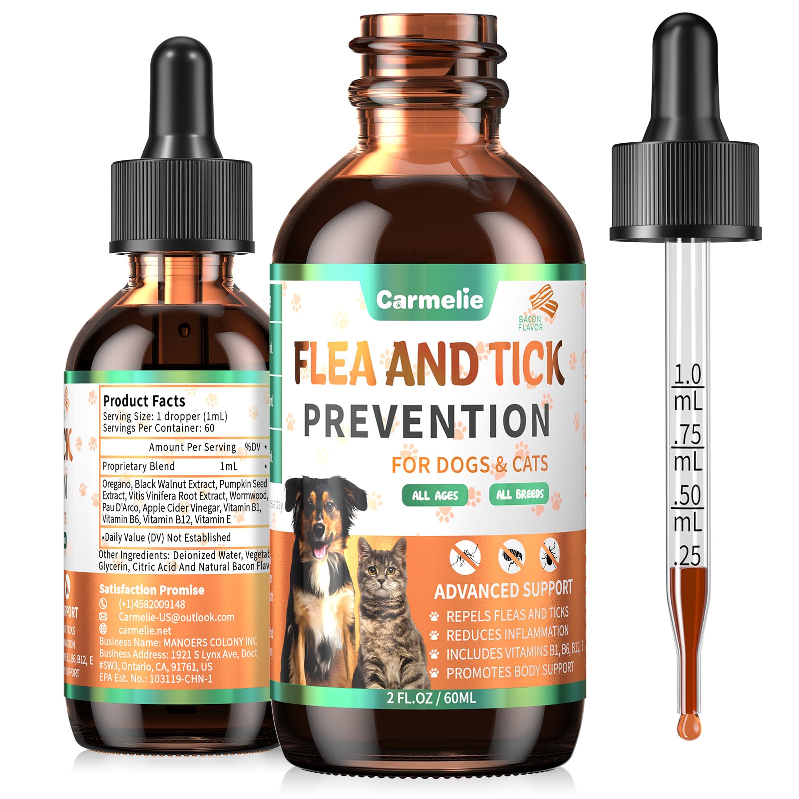 Carmelie bacon-flavored flea drops bottle for easy daily pet protection.