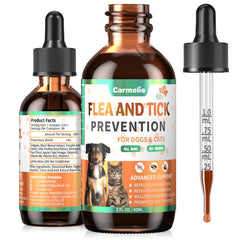 Carmelie bacon-flavored flea drops bottle for easy daily pet protection.