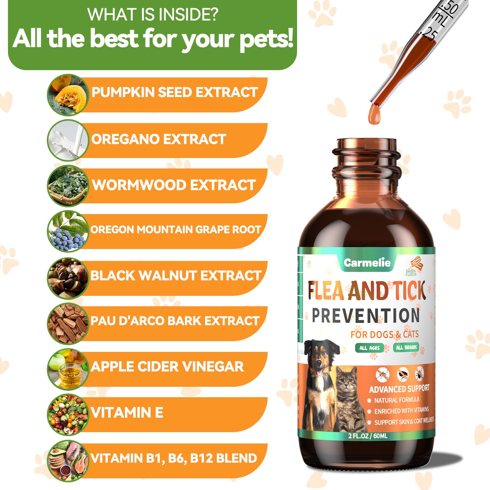 Carmelie bacon drops dosing syringe demonstrates weight-based serving for dogs and cats.