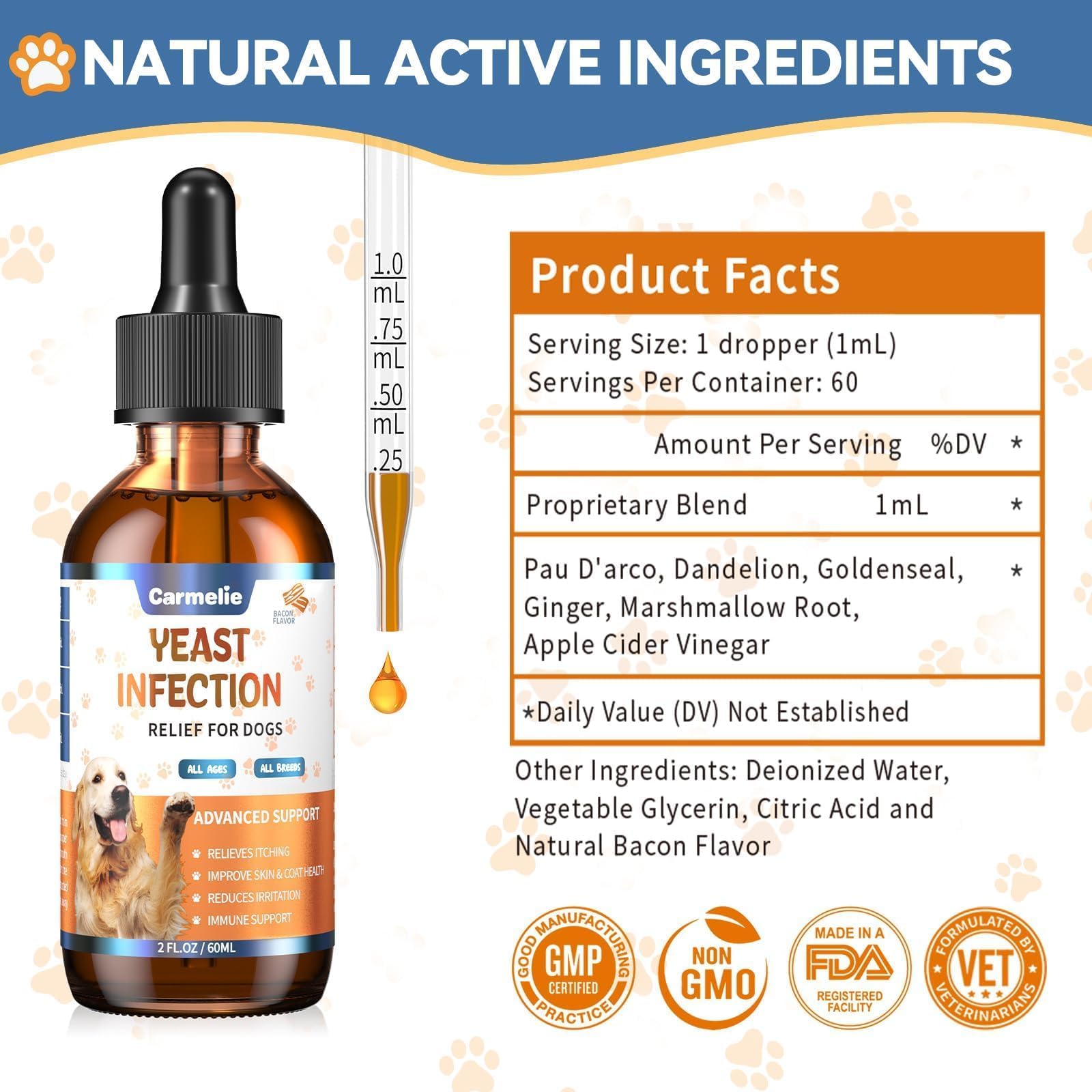 Carmelie bottle with plant-based formula and dog care benefits