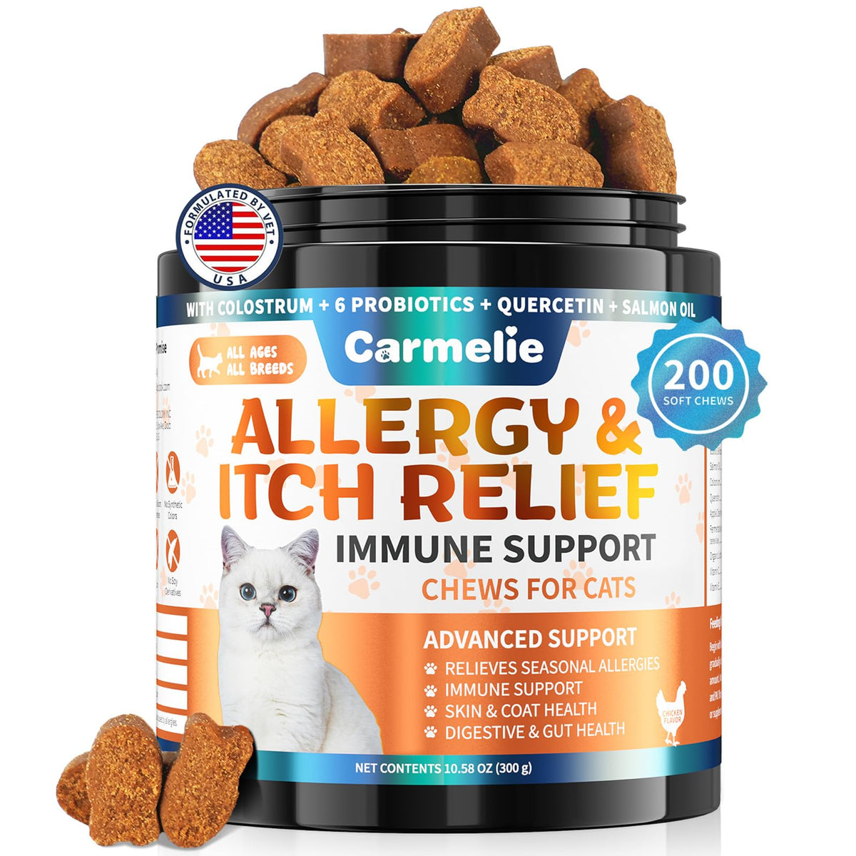 Carmelie Cat Allergy Chews bottle promotes long-lasting allergy relief and skin comfort.