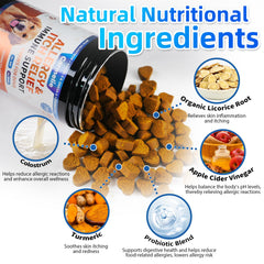 Carmelie dog allergy chews chicken flavor close-up for palatability and itch relief.