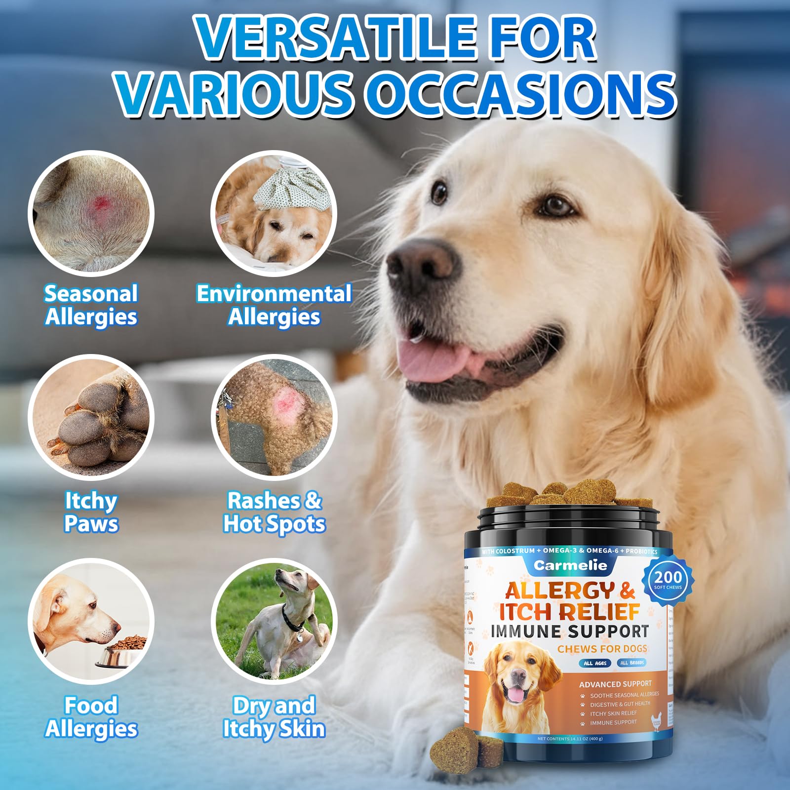 Carmelie dog allergy chews ingredients colostrum label–immune and skin comfort focus.