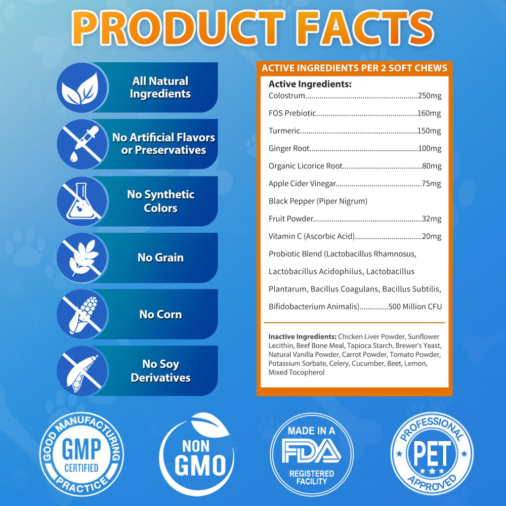 Carmelie dog allergy chews probiotic content shown on label for gut health support.