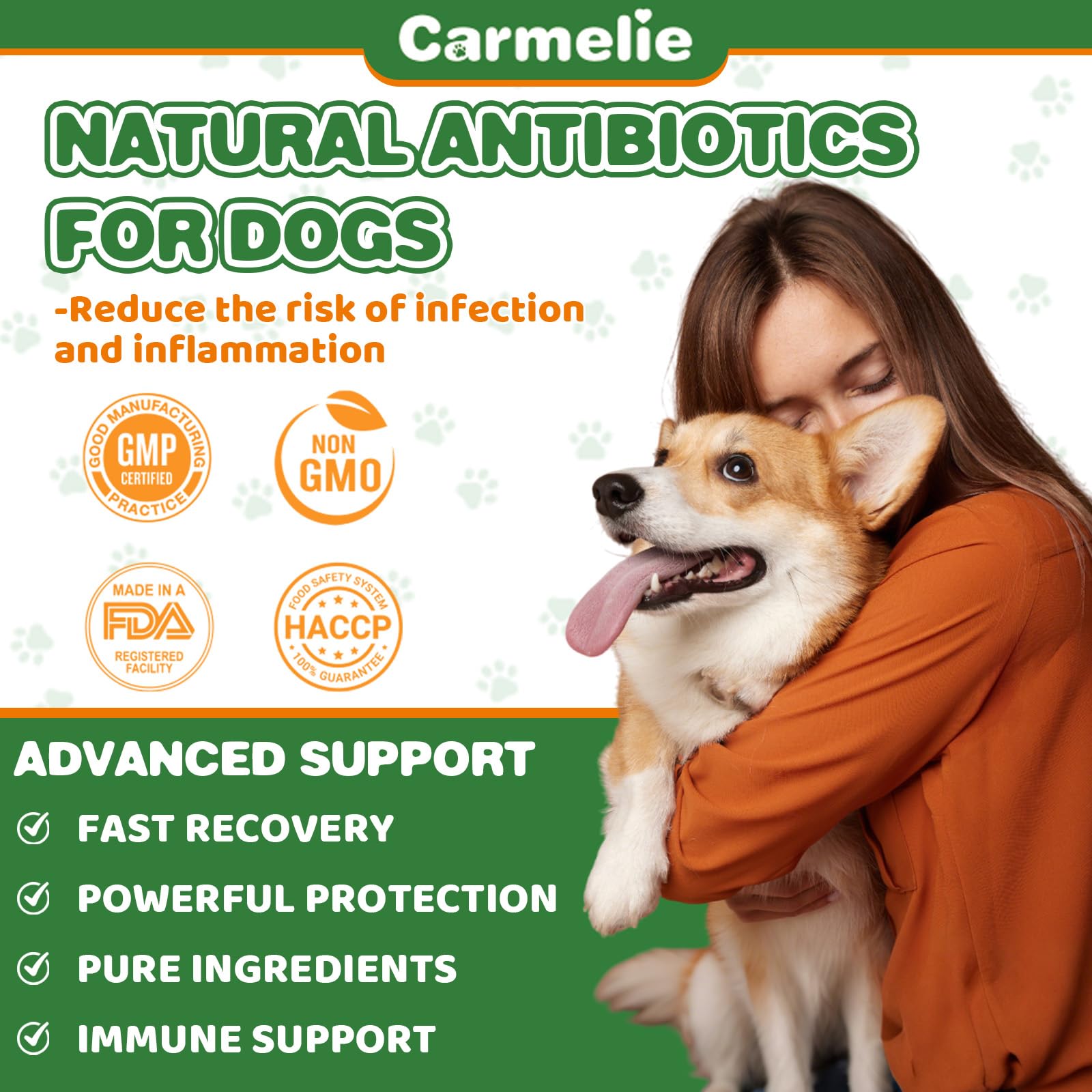 Carmelie ingredients list shows cranberry, olive leaf, pau d'arco for pet wellness.