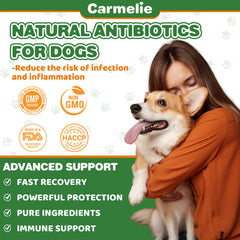 Carmelie ingredients list shows cranberry, olive leaf, pau d'arco for pet wellness.