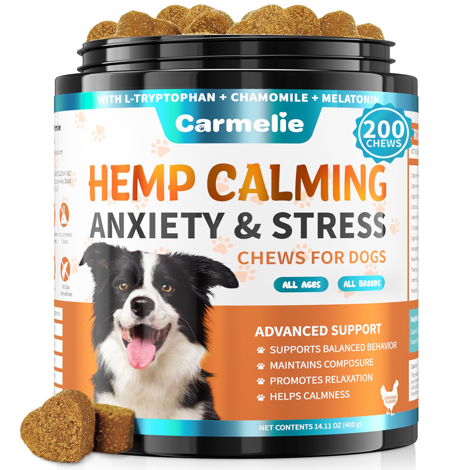Carmelie dog calming chew with chicken flavor, easing nerves during stressful events