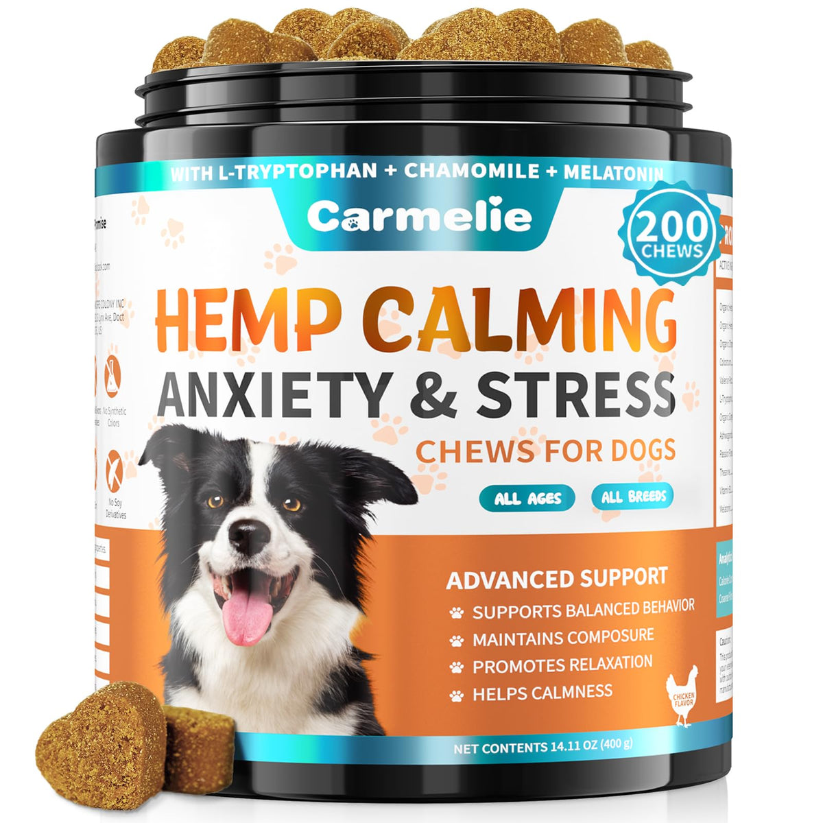 Carmelie dog calming chew with chicken flavor, easing nerves during stressful events
