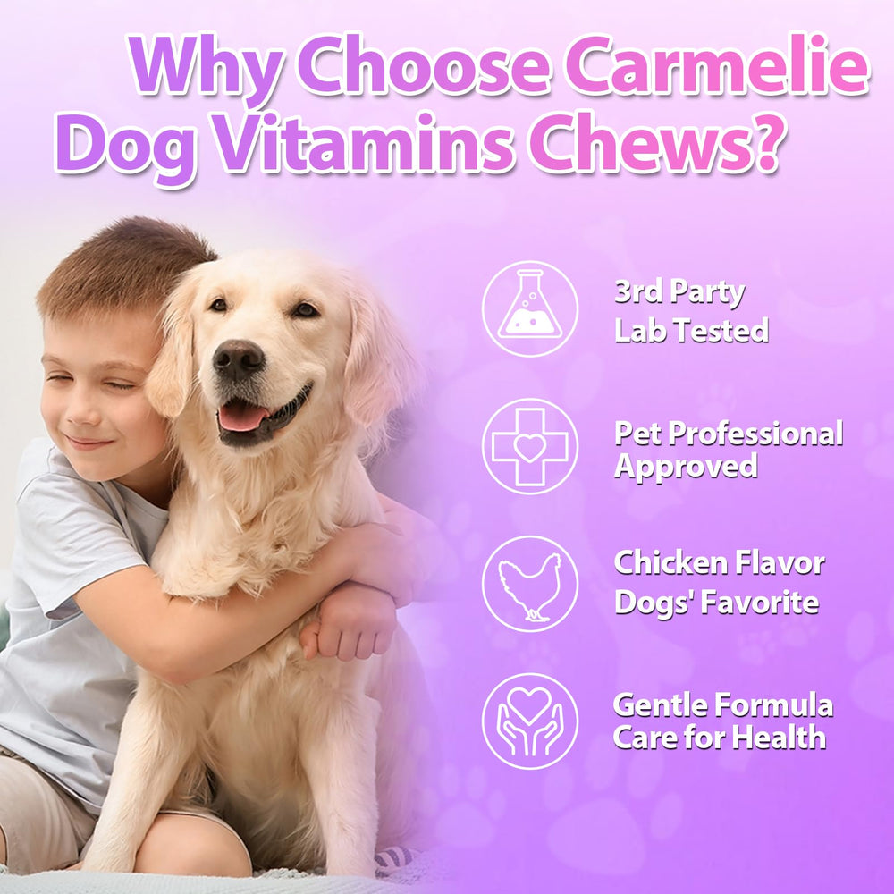 Carmelie 24-in-1 chicken-flavor chews for easy feeding.