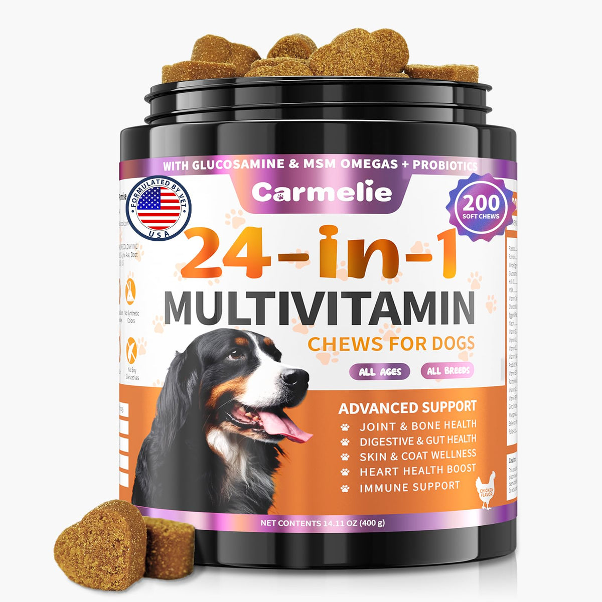 Carmelie 24-in-1 dog vitamins chew focused on hip and joint support.