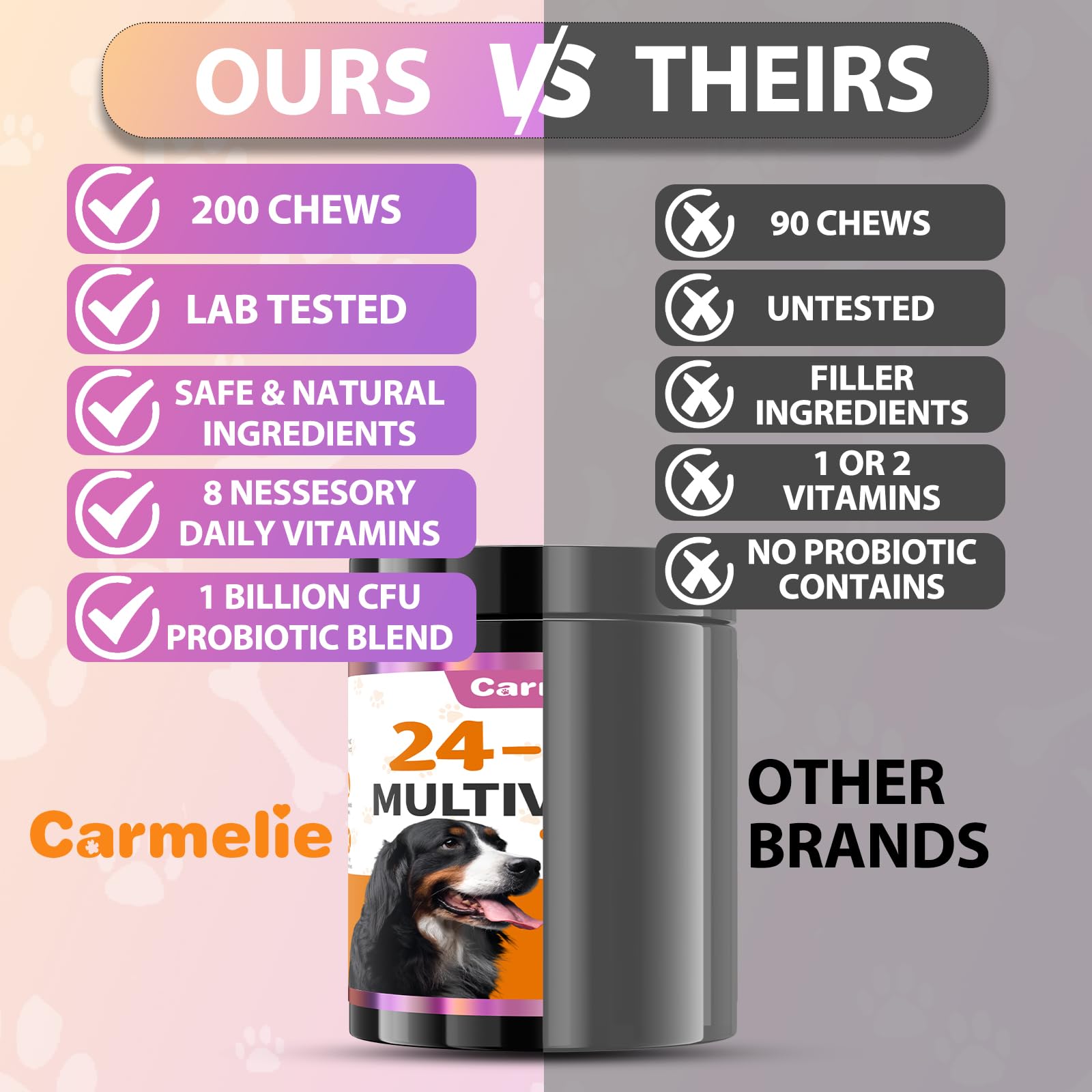 Carmelie 24-in-1 packaging showing 200 chews for everyday care.