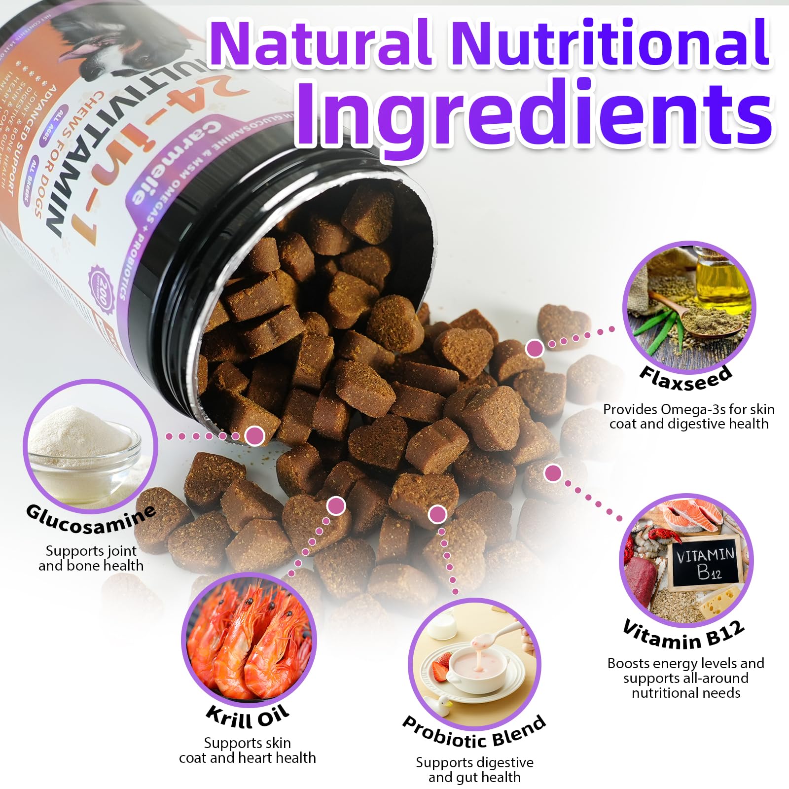 Carmelie 24-in-1 dog vitamins chew with probiotics for digestive balance.