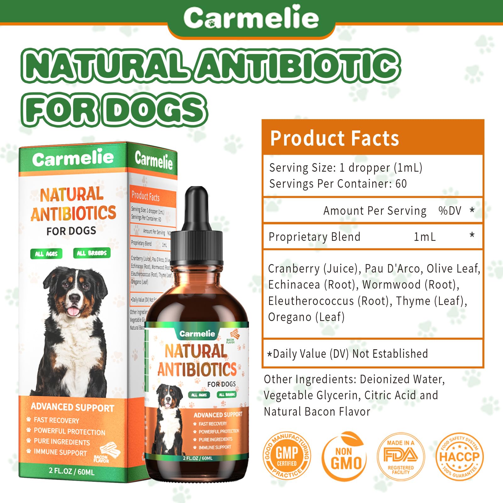 Carmelie drops can be mixed with food or water.