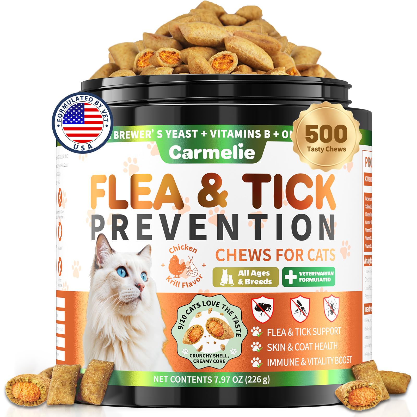 Carmelie flea tick chews jar closeup showing daily protection for cats