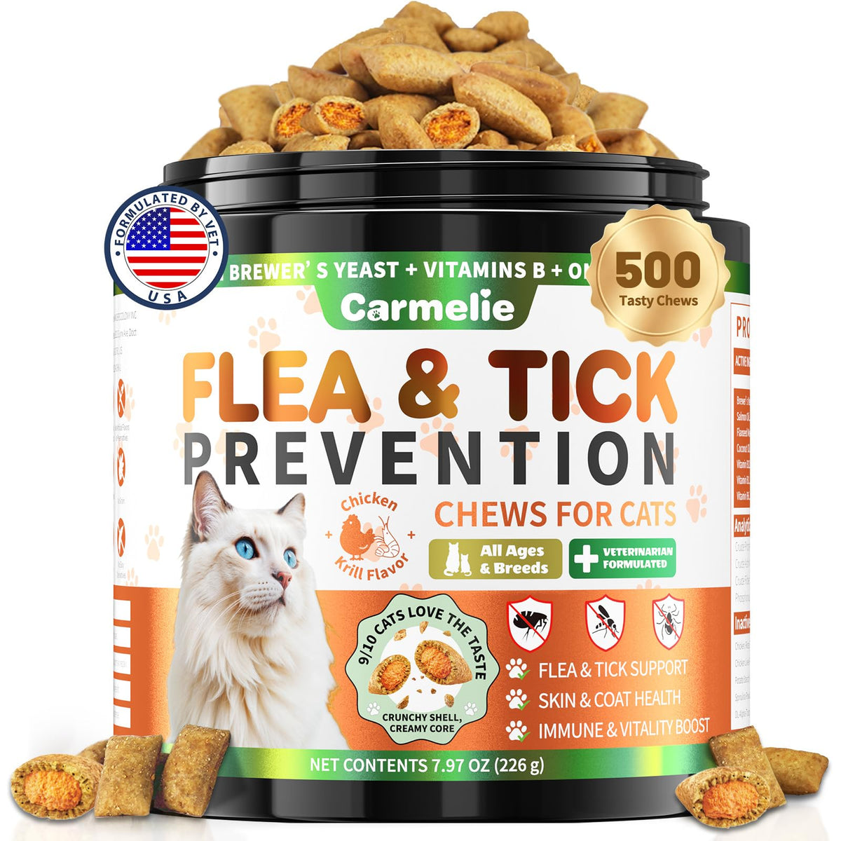 Carmelie flea tick chews jar closeup showing daily protection for cats
