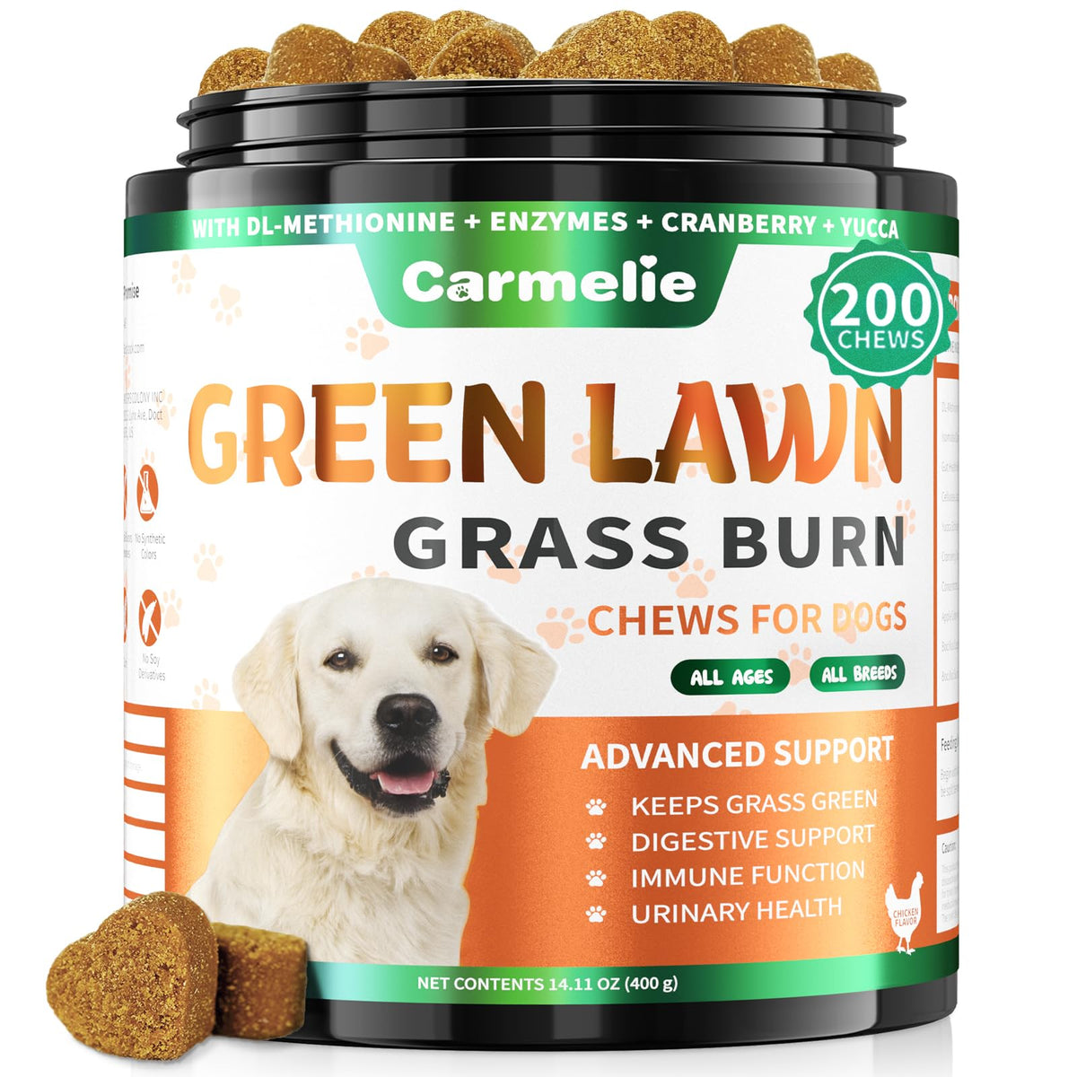 Carmelie Grass Burn Spot Chews bottle on counter promotes lawn-friendly urine management