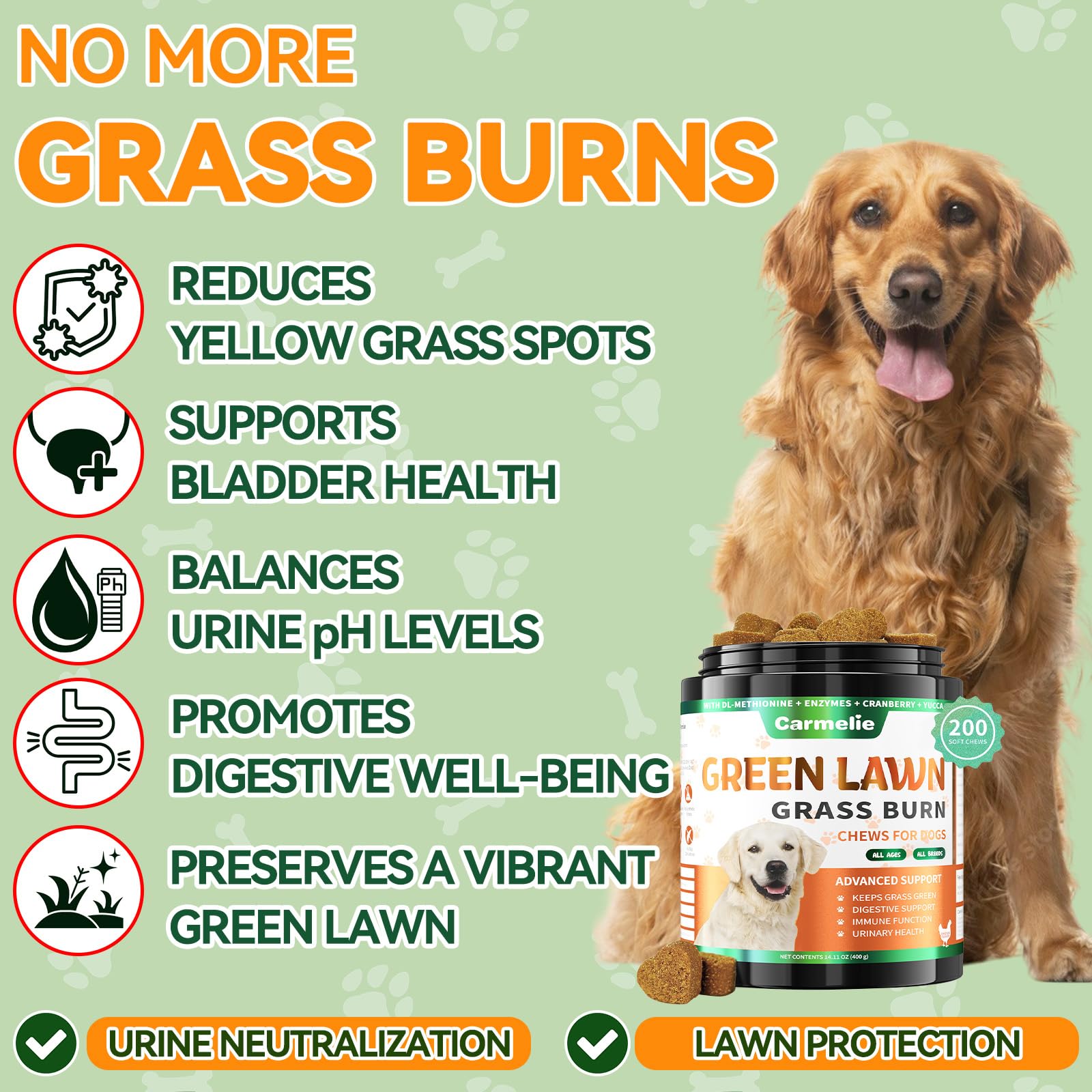 Carmelie Grass Burn Spot Chews jar closeup lists natural ingredients for lawn health
