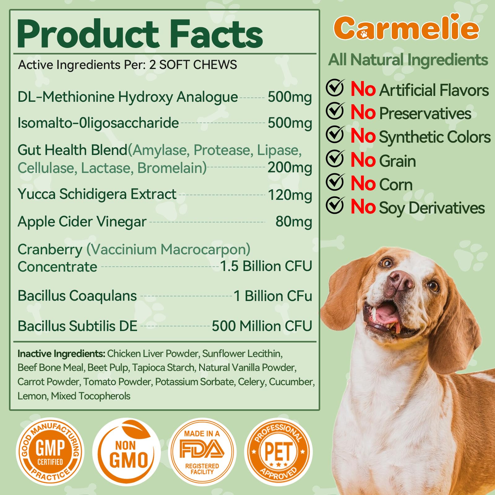 Carmelie Grass Burn Spot Chews label closeup lists DL-Methionine and natural ingredients