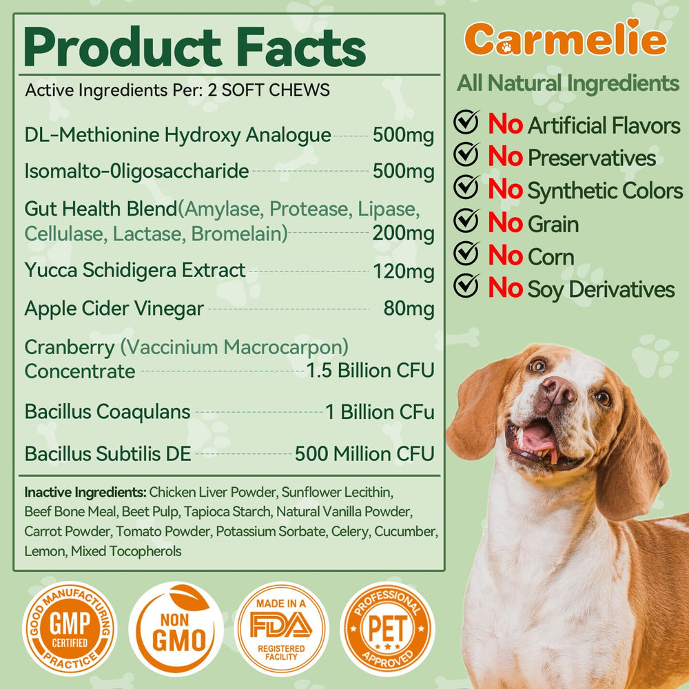 Carmelie Grass Burn Spot Chews label closeup lists DL-Methionine and natural ingredients