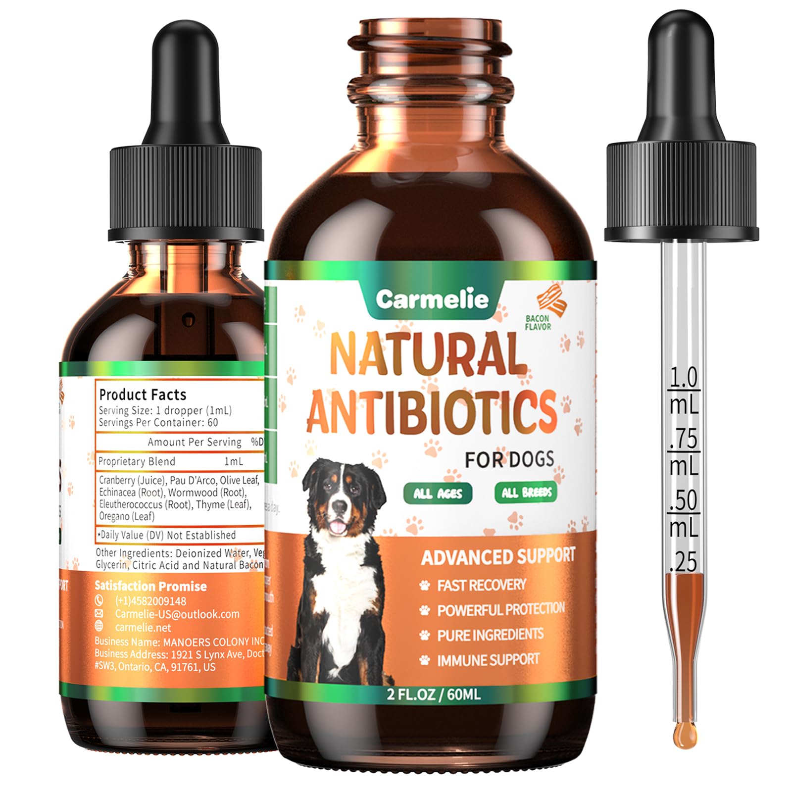 Carmelie dog natural antibiotics dropper close-up for easy administration.