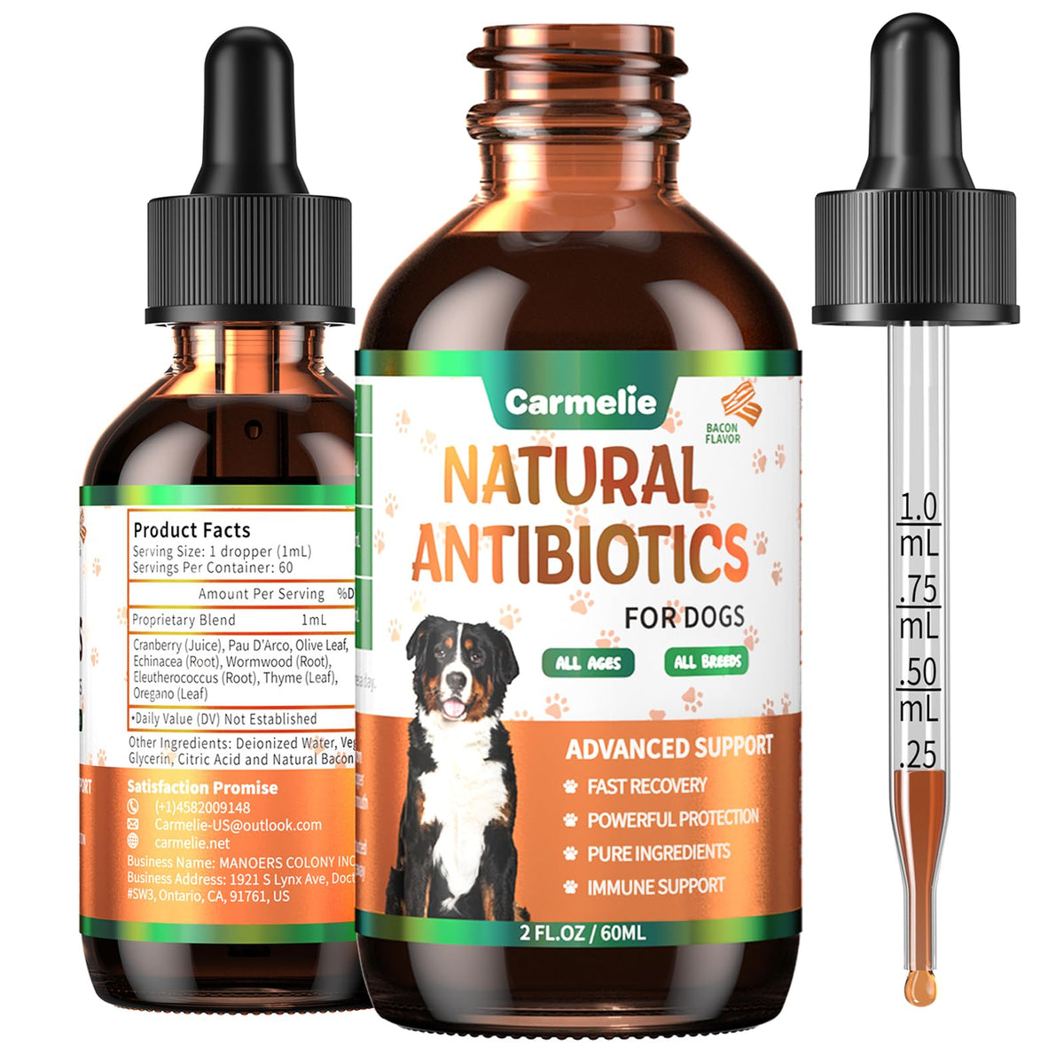 Carmelie dog natural antibiotics dropper close-up for easy administration.