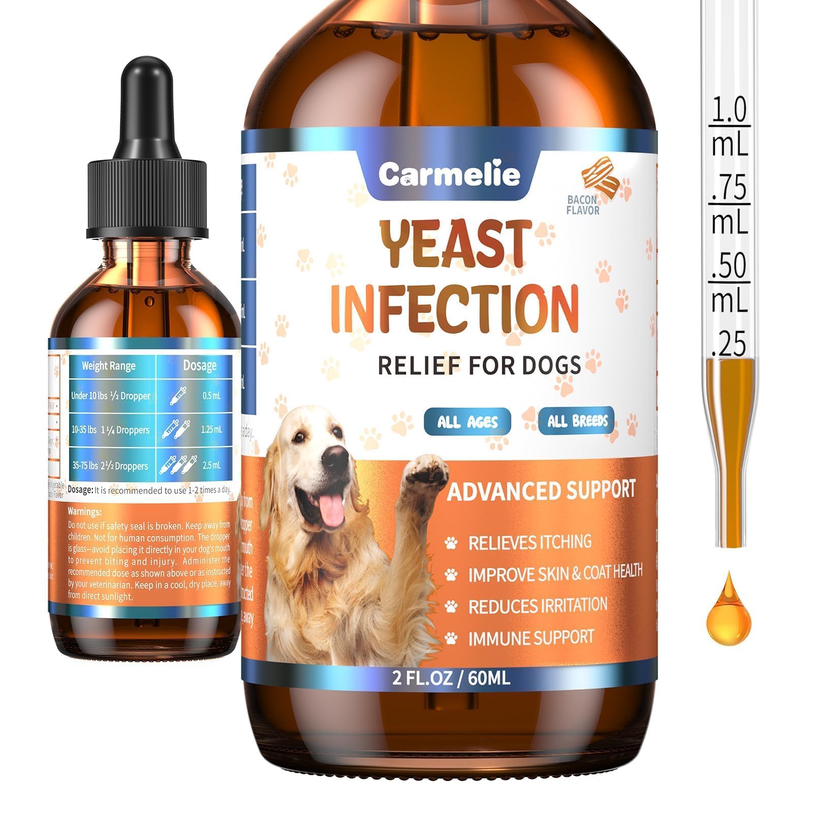 Carmelie Natural Yeast Relief for Dogs bottle front, supports gentle itch relief