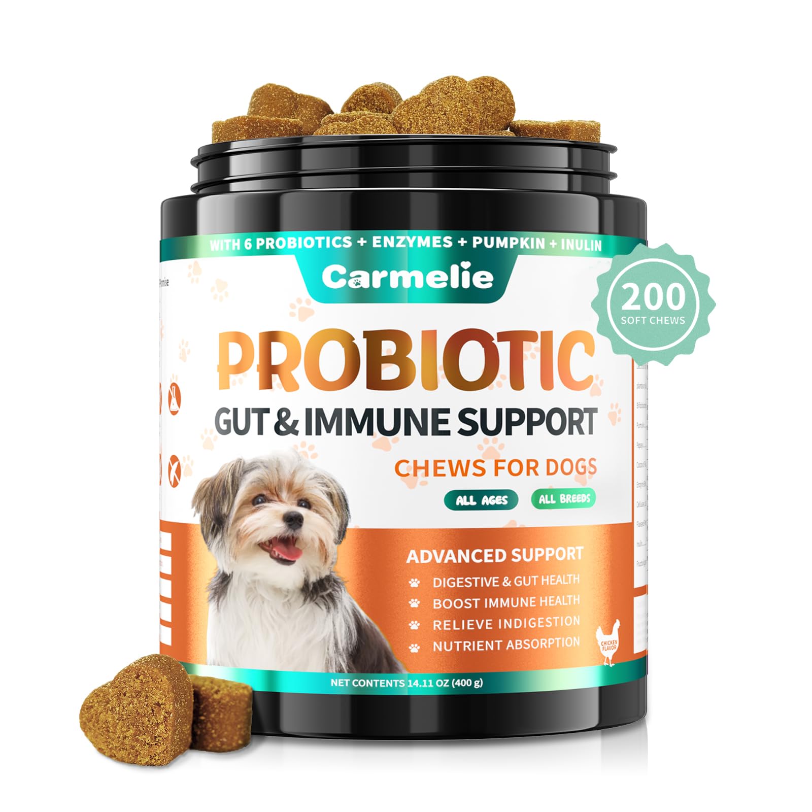 Carmelie Probiotics for Dogs packaging highlights digestive support and overall wellbeing.