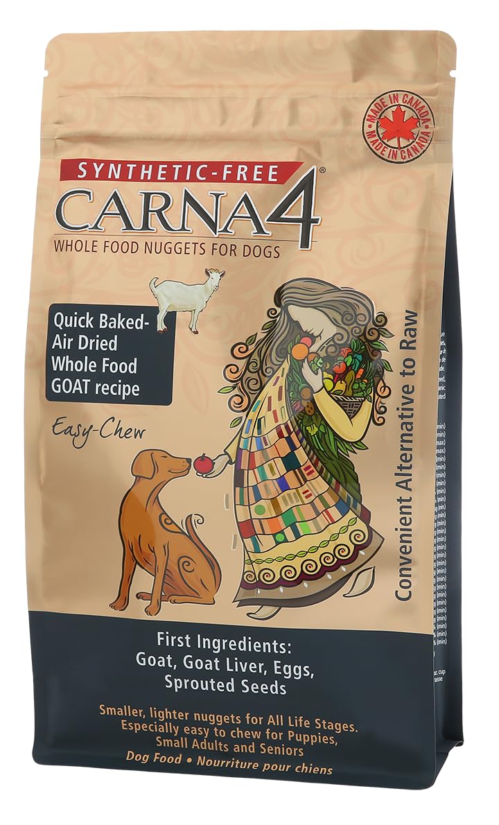 CARNA4 Easy-Chew Goat Formula dry dog food with soft nuggets supports gentle chewing for dogs with protein sensitivities