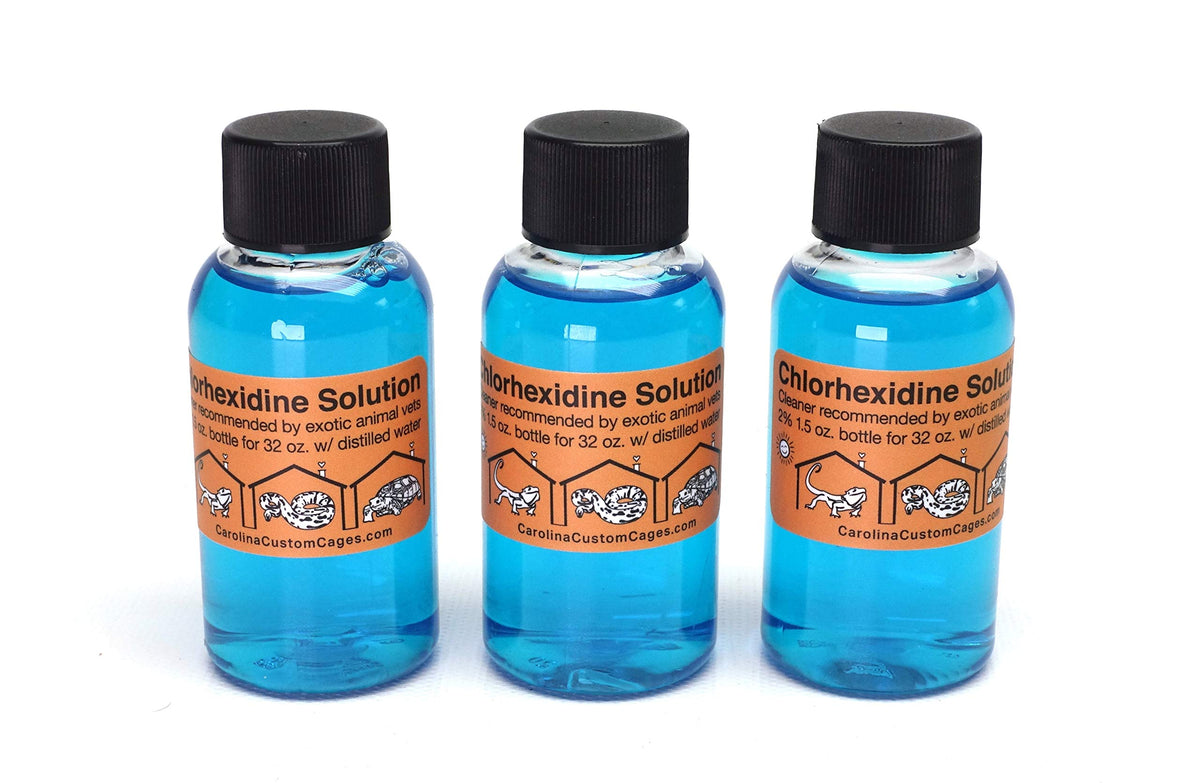 CAROLINACUSTOMCAGES chlorhexidine solution bottle for reptile habitat cleaning, safe if licked.