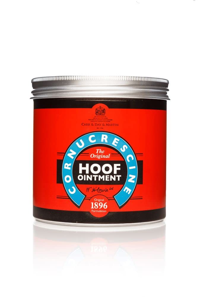 Cornucrescine Hoof Ointment packaging shows easy storage for grooming routines.