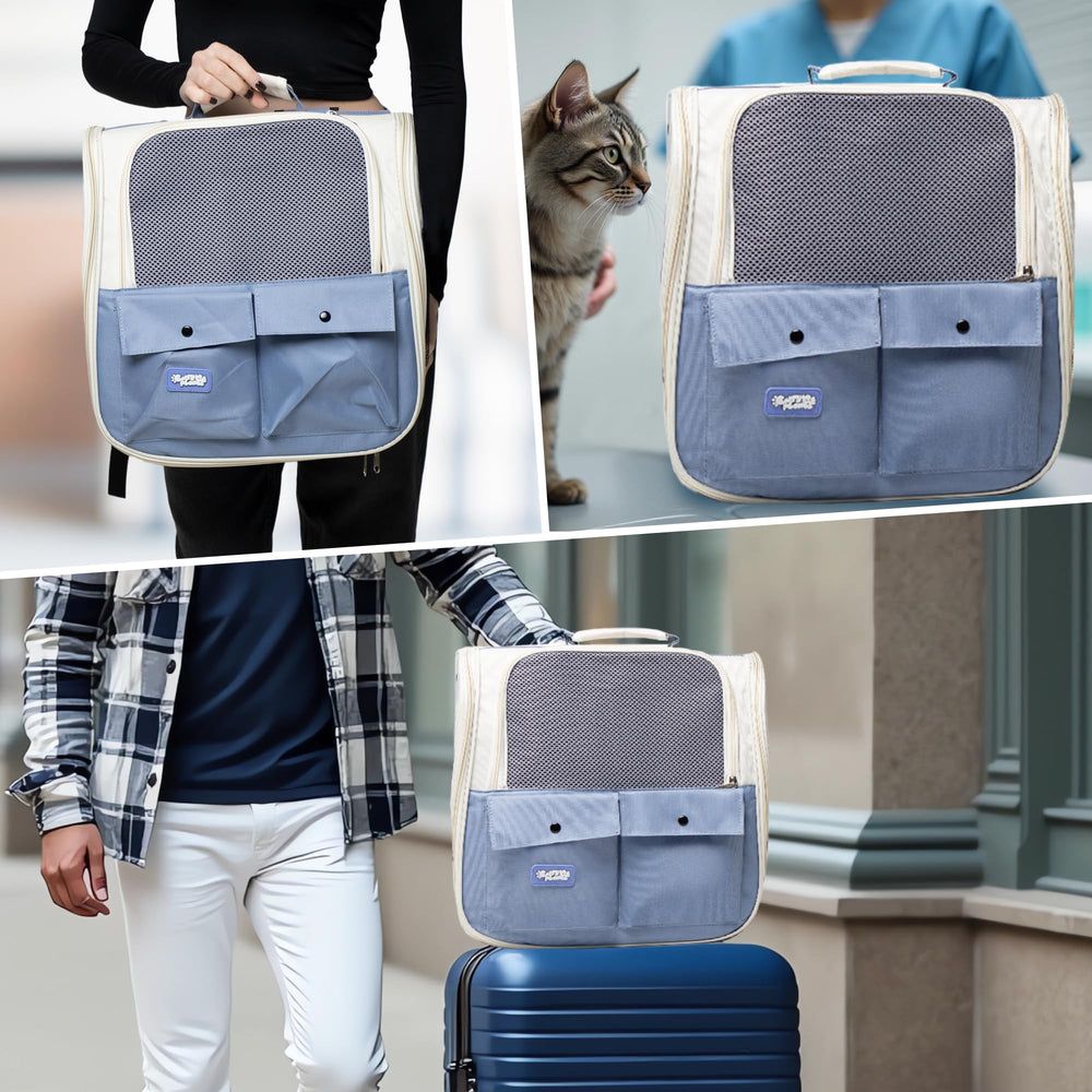 Carry Me Please blue cat carrier backpack airline-approved travel ready.