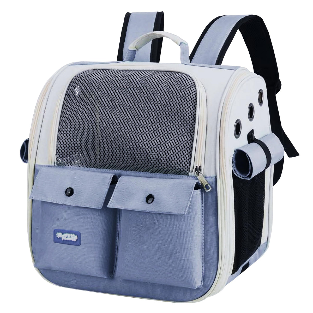 Carry Me Please blue cat carrier backpack closed view for easy portability.